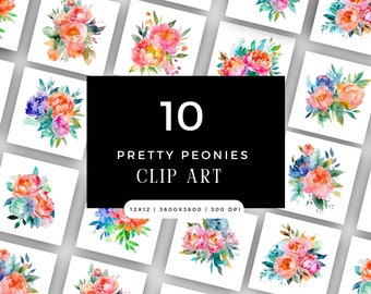 Watercolor Peony Clipart PNG JPG Bundle, Floral Spring Summer Wedding Botanical Clip Art Instant Download, Bright Colorful Cheerful Peonies