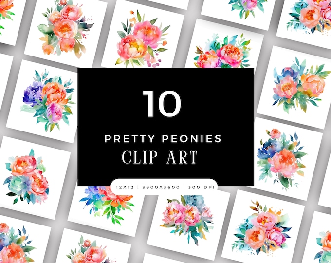 Watercolor Peony Clipart PNG JPG Bundle, Floral Spring Summer Wedding Botanical Clip Art Instant Download, Bright Colorful Cheerful Peonies