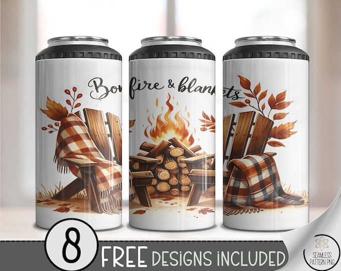 Bonfire and Blankets 4 in 1 Can Cooler Wrap PNG, Cozy Fall Theme, Digital Download for 16 oz Sublimation, A649