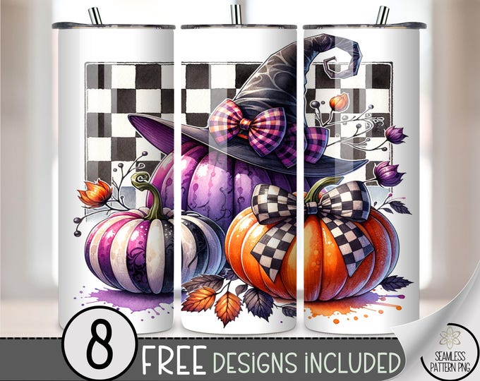 Checkerboard Pumpkin 20 oz Tumbler Wrap PNG, Fall Witch Hat and Bow, Halloween Sublimation Wrap, Plaid Pumpkin Design PNG, A388