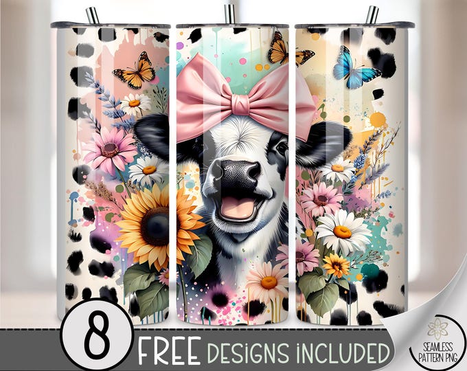 Cheerful Cow 20 oz Tumbler Wrap, Cute Sublimation Design for Straight Tumblers, Playful Spring Summer PNG Files, B10019