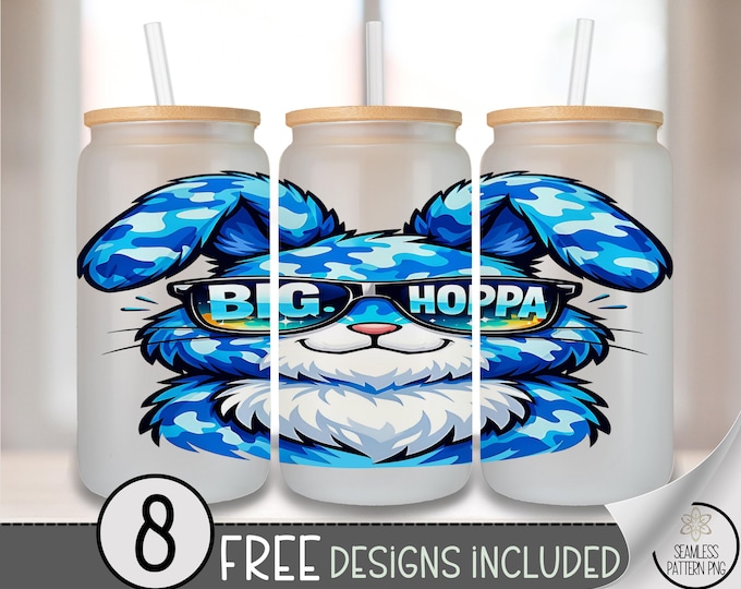Big Hoppa PNG, Playful Bunny Glass Can Wrap,  Easter Sublimation Design, Digital Download, B997