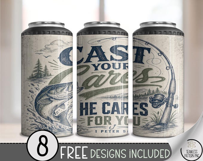 Inspirational Fishing 4-in-1 Can Cooler Wrap, Christian Sublimation Design, Rustic 16 oz File, Digital Download, B10299
