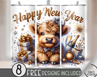 New Year Highland Cow Tumbler Wrap, Cute Cow 20oz Skinny Tumbler Sublimation Design, NYE Tumbler Wrap File, Seamless New Year's Eve PNG