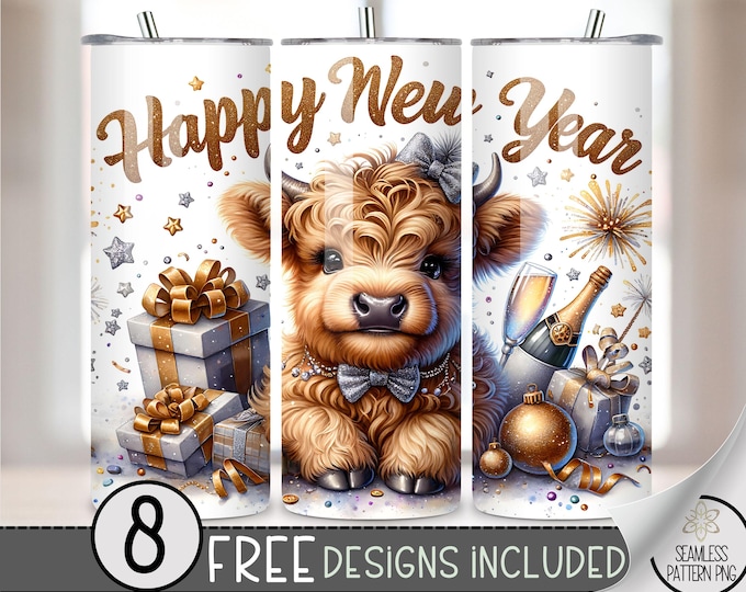New Year Highland Cow Tumbler Wrap, Cute Cow 20oz Skinny Tumbler Sublimation Design, NYE Tumbler Wrap File, Seamless New Year's Eve PNG