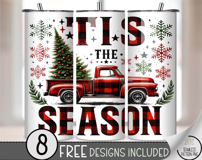Tis The Season 20 oz Tumbler Wrap: Red Vintage Truck & Christmas Tree Sublimation Design for Skinny Tumblers, Rustic PNG File, A473