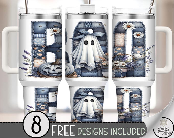 Patchwork Ghost 40 oz Tumbler, Vintage Boo Design, Spooky Printable Cup File, Cottagecore Autumn Style, 40oz Tumbler PNG A420