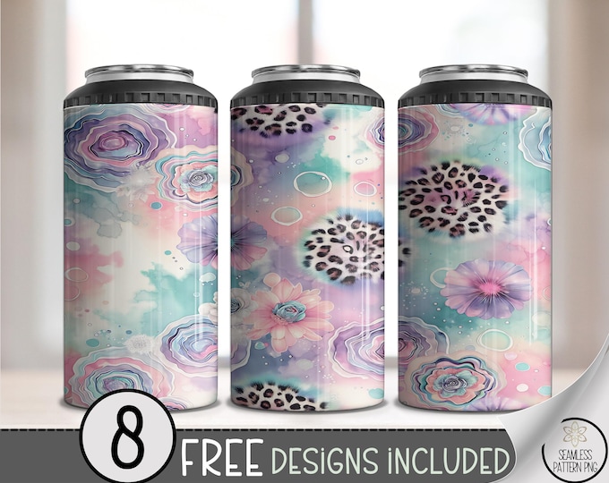Floral Leopard 4 in 1 Can Cooler PNG, Fancy Seamless Sublimation Design, 16 oz 4n1 Flower Animal Print, Digital Download, A571