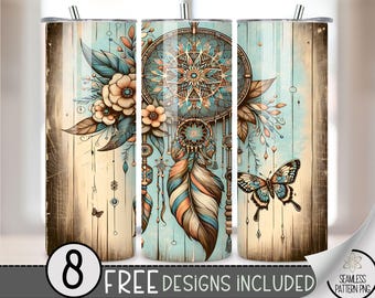Boho Dreamcatcher Butterfly Floral Tumbler Wrap, Floral Boho Sublimation Design PNG, Country Western 20Oz Skinny Tumbler File, A134