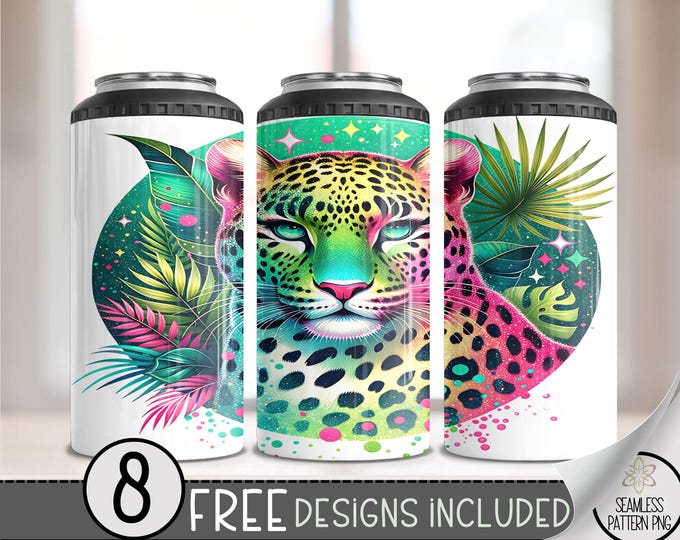 Glitter Leopard 4 in 1 Can Cooler Wrap, Sparkly Leopard Print 4in1 Tumbler PNG, Summer Tropical 16 Oz Can Cooler Sublimation Design, A111