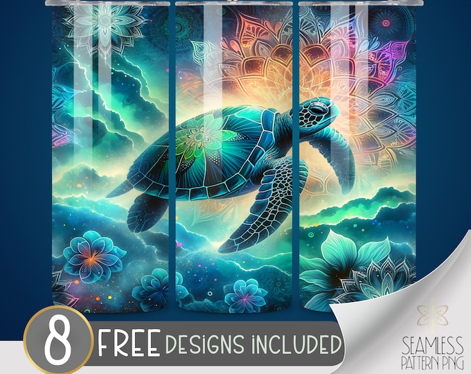 Mandala tumbler wrap, tropical sublimation design, sea turtle tumbler wrap, teal ocean 20oz skinny tumbler wrap PNG, Instant download