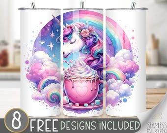Unicorn Tumbler Wrap, Unicorn 20Oz Skinny Tumbler Digital Download Png, Sparkly Pretty Unicorn  Sublimation, Pink Hot Cocoa Sublimation