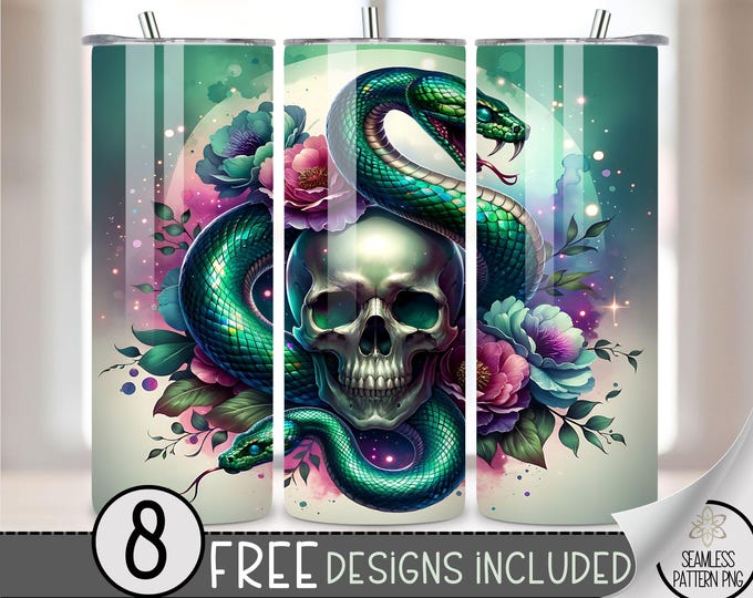 Gothic Skull And Floral Tumbler Wrap, Flower Snake 20oz Skinny Tumbler Sublimation Design, Striking Snake Tumbler Wrap File Scull PNG