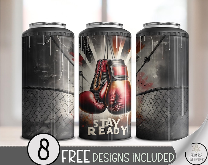 Stay Ready 4-in-1 Boxing Wrap PNG, Sports Can Cooler Fight Design, Red Gloves Sublimation with Gym Ring Ropes, Boxing Grunge Design, A331