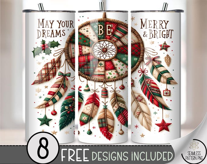 Festive 20 oz tumbler wrap: Boho Dreamcatcher Christmas Digital Download Sublimation Design for Skinny Tumblers, Cozy PNG Files A495