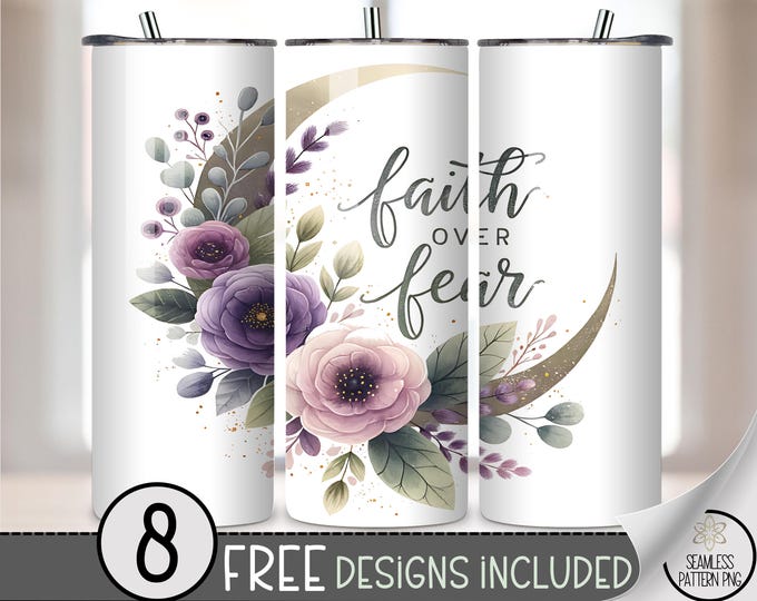 Rustic Floral Faith Over Fear Tumbler Wrap, Purple Rose Design, Inspirational 20oz Tumbler PNG, Printable Sublimation Design Wrap, A412