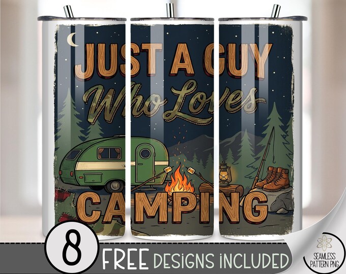 Camping 20 oz Tumbler Wrap, Outdoorsy Sublimation Design for Straight Tumblers, Rustic PNG Files, Retro Camper Trailer, B10125