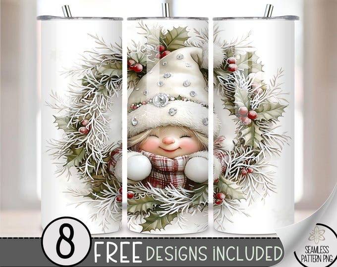 Christmas Gnome Tumbler Wrap, Winter Sublimation Design, Xmas 20 Oz Skinny, Christmas Wreath Tumbler Wrap Png, Cute Gnome Tumbler Design