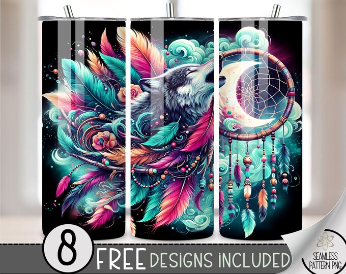 Floral Wolf Tumbler Wrap, Dreamcatcher Tumbler Wrap Mystical 20 oz Skinny Sublimation Watercolor Sublimation Boho Moon Dream Tumbler Wrap