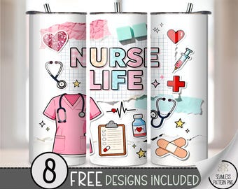 以下が含まれることがあります： カラフルな文字で「NURSE LIFE」という言葉がデザインされた白いタンブラー。聴診器、スクラブ、ハートなどの医療をテーマにしたイラストも含まれています。「8 FREE DESIGNS INCLUDED」というテキストも含まれています。