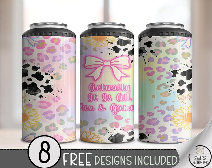 Actually It Is All Fun And Games, Pastel Leopard Sunflower 4-in-1 Can Cooler Wrap, Coquette Sublimation Design, Digital Download, B993