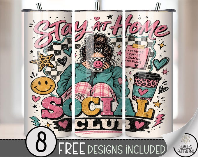 Stay Home Social Club 20 oz Tumbler Wrap, Checkered Sublimation Design for Straight Tumblers, Retro PNG Files, Digital Download, B10218