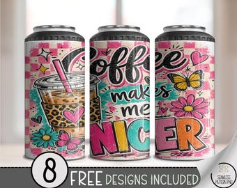Coffee-Themed 4in1 Can Cooler Wrap, Cute Sublimation Design, Retro Pop 16 oz 4-in-1 File, Digital Download, B10189