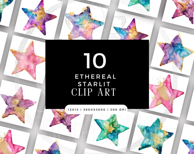 Digital, Crystal Ethereal Starlit PNG JPG Clipart Bundle, Rainbow Gold Star Sublimation File, Pastel Amethyst Clip Art Pack Commercial Use