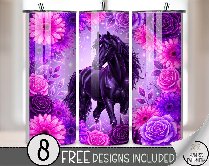 Watercolor Horse 20 oz Tumbler Wrap, Floral Sublimation Design for Straight Tumblers, Rose & Pony PNG Files, B10141