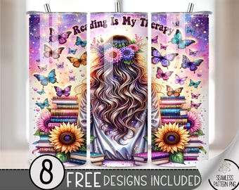 Reading is My Therapy Book 20oz Seamless Tumbler Wrap, Reading Lover Tumbler Wrap,Tumbler 20oz Sublimation Design, Bookish Digital File A110