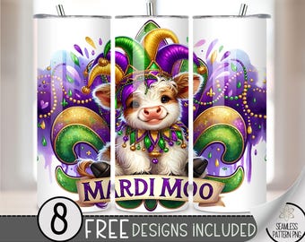 Highland Cow Mardi Gras Tumbler Wrap, Carnival Sublimation Design PNG, Fleur De Lis 20Oz Skinny Tumbler File, Festival Tumbler PNG