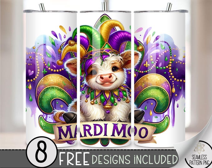 Highland Cow Mardi Gras Tumbler Wrap, Carnival Sublimation Design PNG, Fleur De Lis 20Oz Skinny Tumbler File, Festival Tumbler PNG