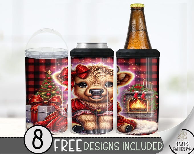 Cute Highland Cow Can Cooler Wrap, Xmas 16 oz 4-in-1 Cooler Sublimation, Christmas 16Oz Tumbler File, Buffalo Check Holiday Design File PNG