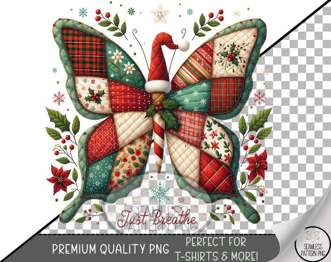 Festive Sublimation Design, Christmas Patchwork Butterfly UV DTF Graphic, Rustic Farmhouse Clip Art, Cozy Holiday Digital Print A489