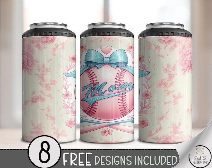 Baseball Mom Can Cooler Wrap PNG, 4-in-1 Pink Floral Softball Design, 16 oz Glitter Bow Sublimation Design,4 in 1 Girly Floral Mom PNG, A367
