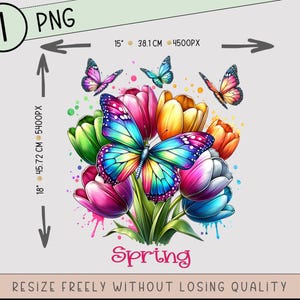 May include: A digital illustration of a bouquet of colorful tulips with butterflies. The tulips are pink, yellow, orange, and green. The butterflies are blue, purple, and yellow. The text "Spring" is written below the bouquet.