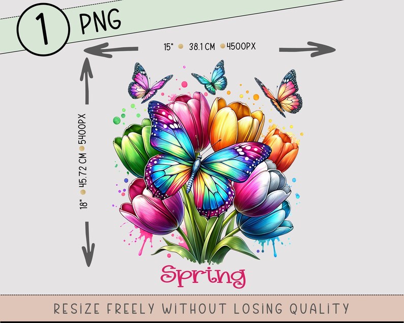 May include: A digital illustration of a bouquet of colorful tulips with butterflies. The tulips are pink, yellow, orange, and green. The butterflies are blue, purple, and yellow. The text "Spring" is written below the bouquet.