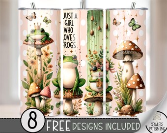 Funny Frog Tumbler Wrap PNG, Cottagecore Mushroom Frogs 20 oz Skinny Tumbler Sublimation Design,Just A Girl Who Loves Frogs Tumbler PNG, A72