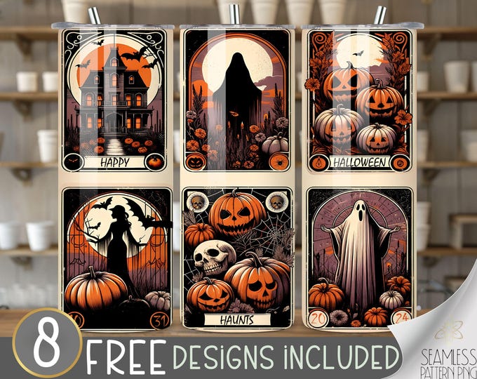 Tarot card tumbler wrap, Halloween tumbler wrap, autumn 20 oz tumbler design, spooky tarot tumbler PNG, vintage Halloween tumbler file