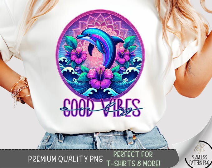 Neon Dolphin T-Shirt Design, Good Vibes Sublimation Design, Boho Mandala Dolphin Sweatshirt PNG,Beach Fisherman Aesthetic, Summer File A225