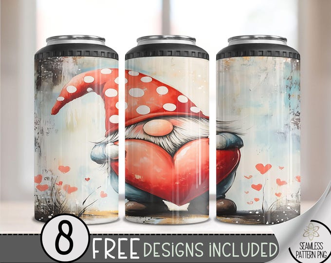 Gnome Heart Hug 4 in 1 Can Cooler Wrap, Grunge Aesthetic 4in1 Tumbler PNG,Valentine Day 16 Oz Can Cooler Sublimation Design File,Love Design