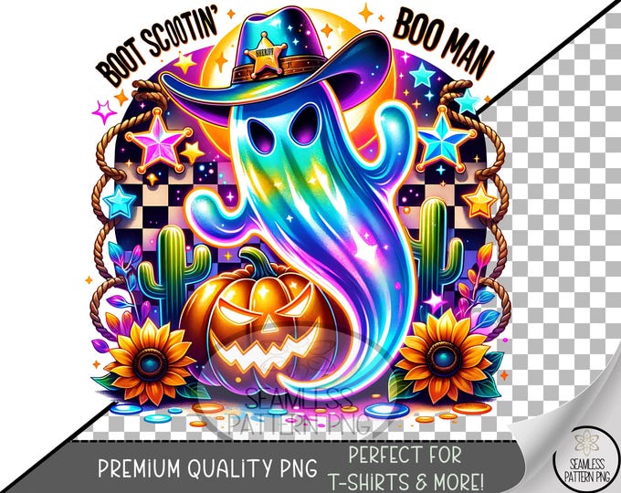 Halloween Sublimation Design, Cowboy Ghost UV DTF Graphic, Western Boo Man Clip Art, Digital Download, B10296