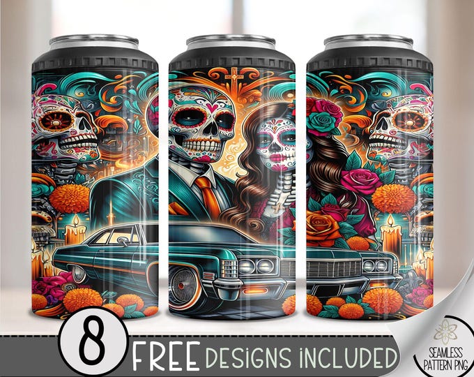 Cholo Couple LA Chicano Girl Couple 4in1 Can Cooler Wrap, Floral 4 in 1 Tumbler PNG, LA Sugar Skull 16 Oz Can Cooler Sublimation Design