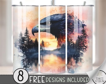 Watercolor Eagle Floral Tumbler Wrap, Flower Sunset Sublimation Design PNG, Ethereal 20Oz Skinny Tumbler File, Boho Lake Tumbler PNG