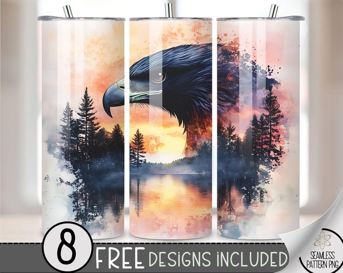Watercolor Eagle Floral Tumbler Wrap, Flower Sunset Sublimation Design PNG, Ethereal 20Oz Skinny Tumbler File, Boho Lake Tumbler PNG