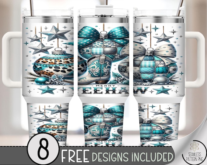 Trendy 40 oz tumbler wrap: Yeehaw Sublimation Design, Western PNG Files, Teal 40oz Tumbler Design with Turquoise Bow and Star A517