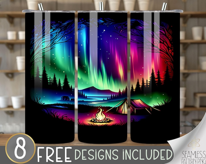 Alcohol Ink Northern Lights 20oz Sublimation Tumbler Designs, Camping Straight Skinny Tumbler Wrap PNG, Sublimation Design Instant Download