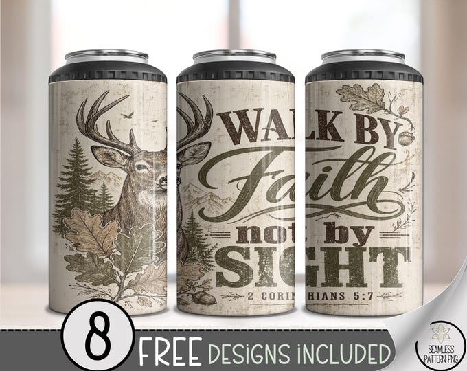 Deer Faith 4-in-1 Can Cooler Wrap, Rustic Bible Verse Sublimation Design, Digital Download, B10332