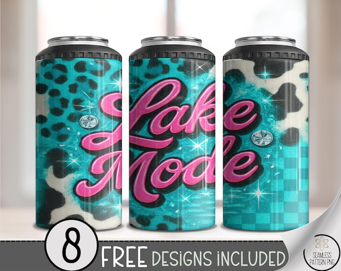 Lake Mode 4in1 Can Cooler Wrap, Hot Pink Script Sublimation Design, Glam Summery 16 oz 4-in-1 File, Rhinestone Glitter Leopard, B10079