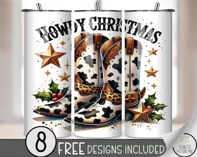 Festive 20 oz Tumbler Wrap: Cowboy Boots Christmas Digital Download Sublimation Design for Skinny Tumblers, Rustic PNG Files, A684